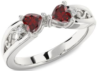 Diamond Emerald Silver Infinity Two Heart Birthstone Ring