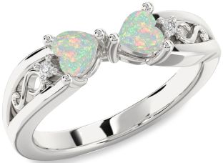 Diamond Emerald Silver Infinity Two Heart Birthstone Ring