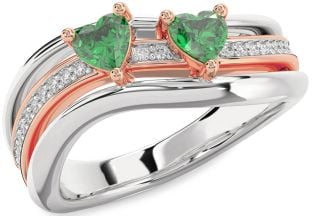 Diamond Emerald Rose Gold Silver Two Heart Birthstone Ring
