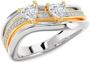 Diamond White Yellow Gold Two Heart Ring