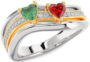Diamond Emerald Silver & 10K gold Two Heart Birthstone Ring
