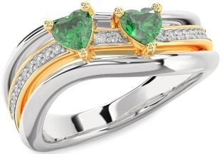 Diamond Emerald White Yellow Gold Two Heart Birthstone Ring