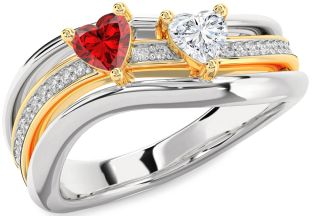 Diamond Emerald White Yellow Gold Two Heart Birthstone Ring