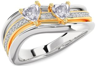 Salt & Pepper Diamond Gold Silver Two Heart Ring