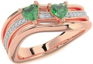 Diamond Emerald Rose Gold Two Heart Birthstone Ring