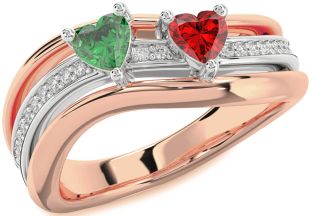 Diamond Emerald Rose Gold Silver Two Heart Birthstone Ring