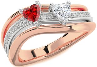 Diamond Emerald Rose Gold Silver Two Heart Birthstone Ring