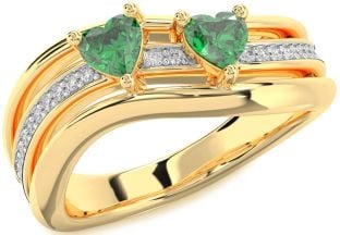 Diamond Emerald Gold Two Heart Birthstone Ring