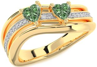 Green Diamond Gold Silver Two Heart Ring