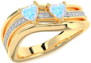 Diamond Moonstone Gold Silver Two Heart Ring