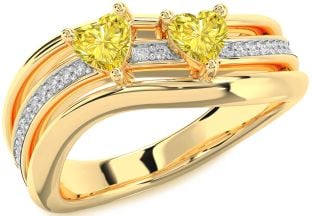Yellow Diamond Gold Silver Two Heart Ring