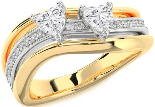 Diamond White Yellow Gold Two Heart Ring