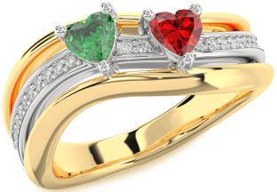 Diamond Emerald Gold Silver Two Heart Birthstone Ring