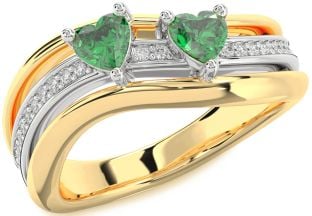 Diamond Emerald Gold Silver Two Heart Birthstone Ring
