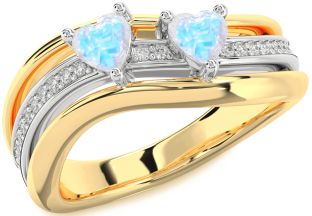 Diamond Moonstone Gold Silver Two Heart Ring