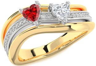 Diamond Emerald Gold Silver Two Heart Birthstone Ring