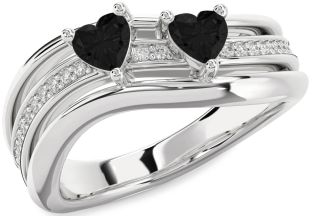 Black Diamond Silver Two Heart Ring