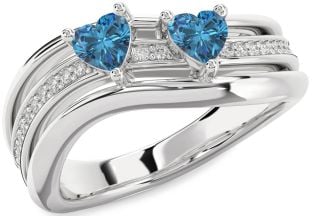 Blue Diamond Silver Two Heart Ring