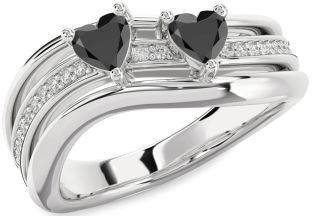 Diamond Black Onyx Silver Two Heart Ring