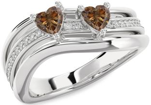 Chocolate Brown Diamond Silver Two Heart Ring