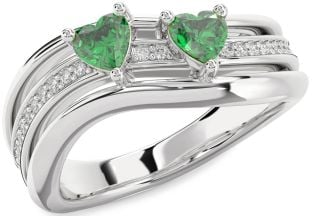 Diamond Emerald Silver Two Heart Birthstone Ring