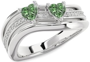 Green Diamond Silver Two Heart Ring