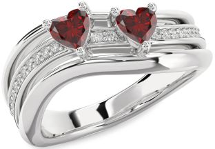 Diamond Emerald Silver Two Heart Birthstone Ring