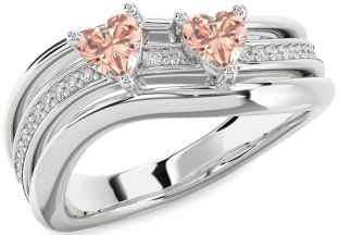 Diamond Morganite Silver Two Heart Ring