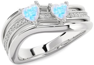 Diamond Emerald Silver Two Heart Birthstone Ring