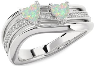 Diamond Emerald Silver Two Heart Birthstone Ring