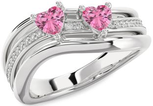 Diamond Pink Sapphire Silver Two Heart Ring