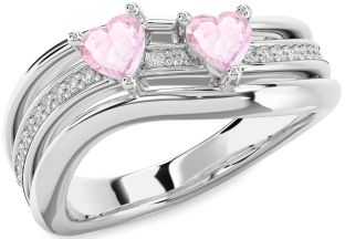 Diamond Rose Quartz Silver Two Heart Ring