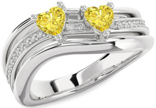 Yellow Diamond Silver Two Heart Ring