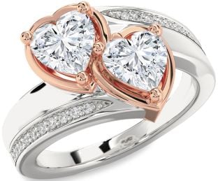 Diamond Silver & 10K Rose Gold Two Heart Ring