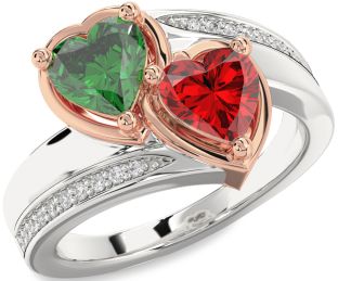 Diamond Emerald Silver & 10K Rose Gold Two Heart Birthstone Ring