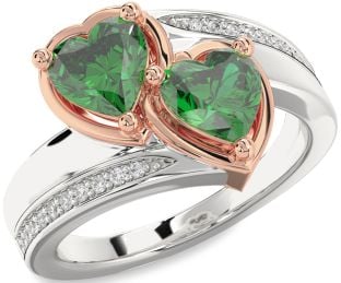 Diamond Emerald White Rose Gold Two Heart Birthstone Ring