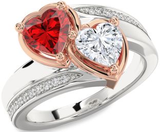 Diamond Emerald Silver & 10K Rose Gold Two Heart Birthstone Ring