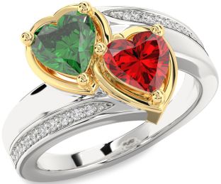 Diamond Emerald Silver & 10K gold Two Heart Birthstone Ring