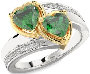Diamond Emerald Silver & 10K gold Two Heart Birthstone Ring