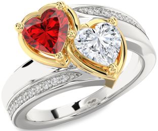 Diamond Emerald Silver & 10K gold Two Heart Birthstone Ring