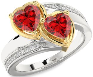 Diamond Emerald Silver & 10K gold Two Heart Birthstone Ring