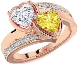 Diamond Rose Gold Silver Two Heart Promise Ring