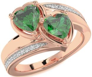 Diamond Emerald Rose Gold Two Heart Birthstone Ring