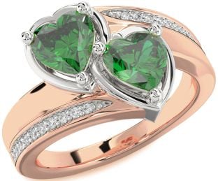 Diamond Emerald White Rose Gold Two Heart Birthstone Ring
