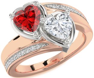 Diamond Emerald White Rose Gold Two Heart Birthstone Ring