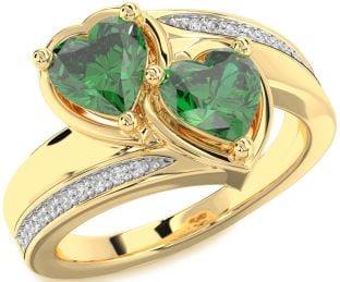Diamond Emerald Gold Two Heart Birthstone Ring