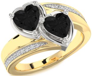 Black Diamond Gold Silver Two Heart Ring