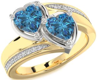 Blue Diamond Gold Silver Two Heart Ring