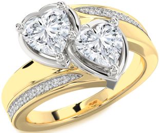Diamond White Yellow Gold Two Heart Ring