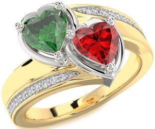 Diamond Emerald Platinum & Yellow Gold Two Heart Birthstone Ring